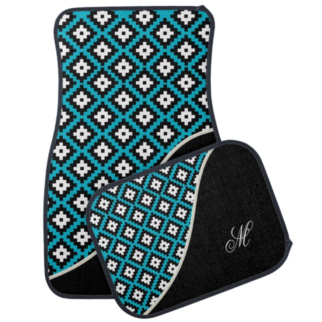 Monogram Mayan Pattern | Teal Blue Car Floor Mat (Set)