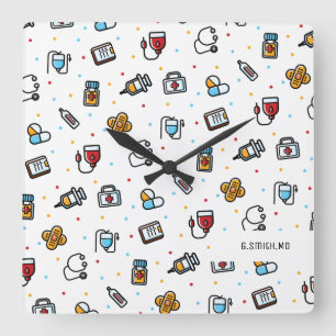 Monogram. Medical Pattern. For Doctors and Nurses Square Wall Clock