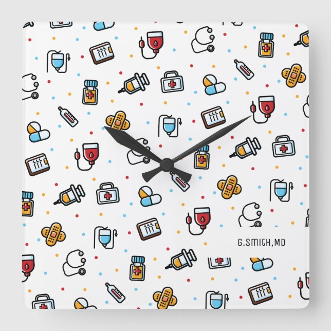 Monogram. Medical Pattern. For Doctors and Nurses Square Wall Clock (Front)