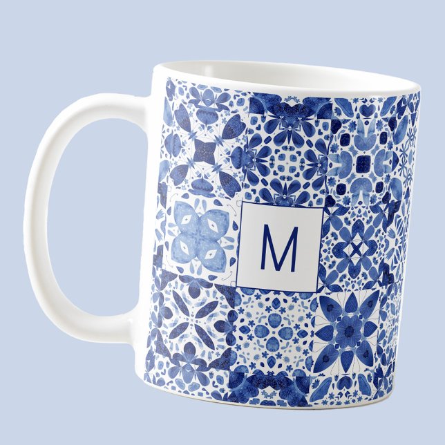 Monogram Mediterranean Blue White Tile Watercolor Coffee Mug (Modern Mediterranean tile watercolor blue and white pattern personalized monogram initial coffee mug)