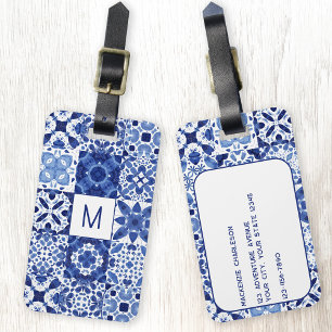 Monogram Mediterranean Blue White Tile Watercolor Luggage Tag