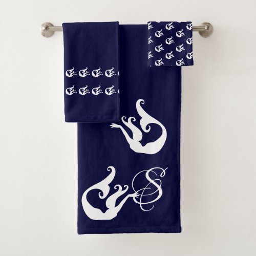 Monogram Mermaid African American Brown Black Bath Towel Set