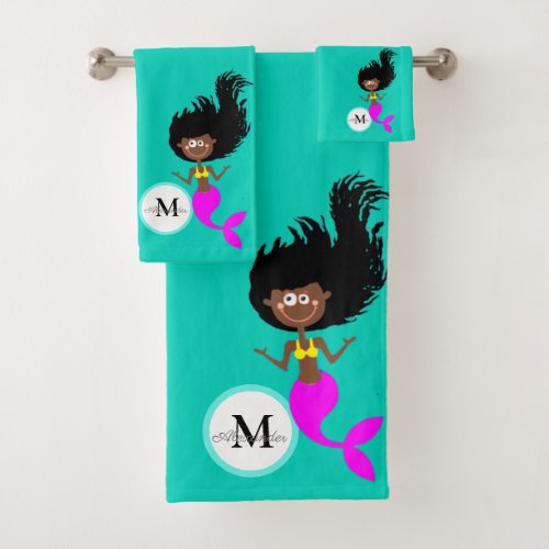 Monogram Mermaid African American Brown Black Girl Bath Towel Set