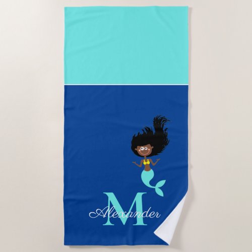 Monogram Mermaid African American Brown Black Girl Beach Towel