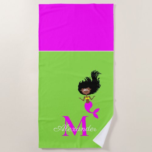 Monogram Mermaid African American Brown Black Girl Beach Towel