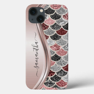 Monogram Mermaid Scale Glitter Pink Silver Name iPhone 13 Case