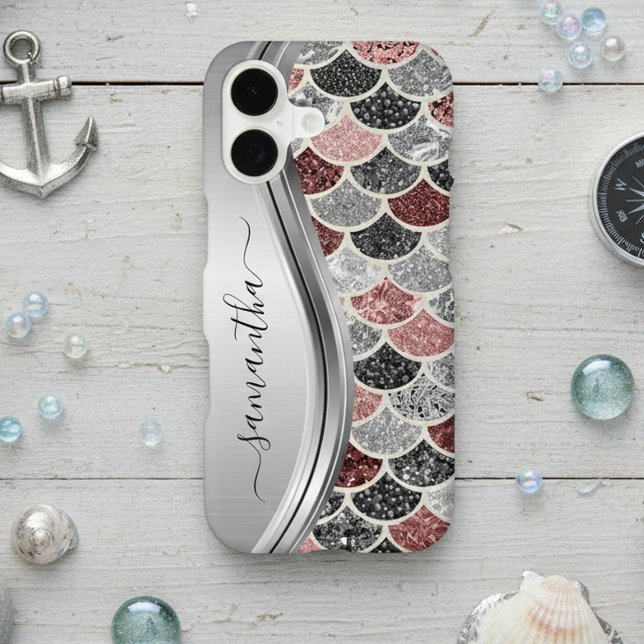 Monogram Mermaid Scale Glitter Pink Silver Name Case-Mate iPhone Case (Creator Uploaded)