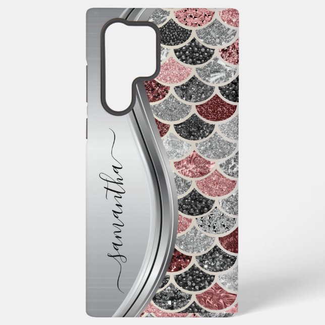 Monogram Mermaid Scale Glitter Pink Silver Name  Samsung Galaxy Case (Back)