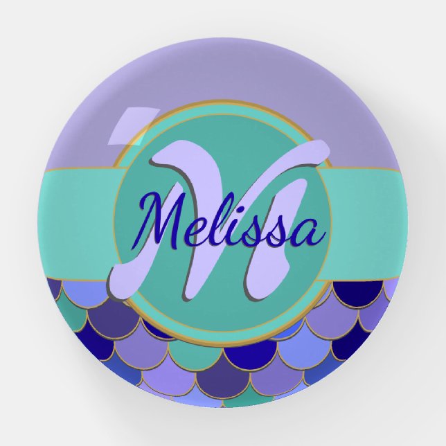Monogram Mermaid Scales | Purple & Teal Paperweight (Front)