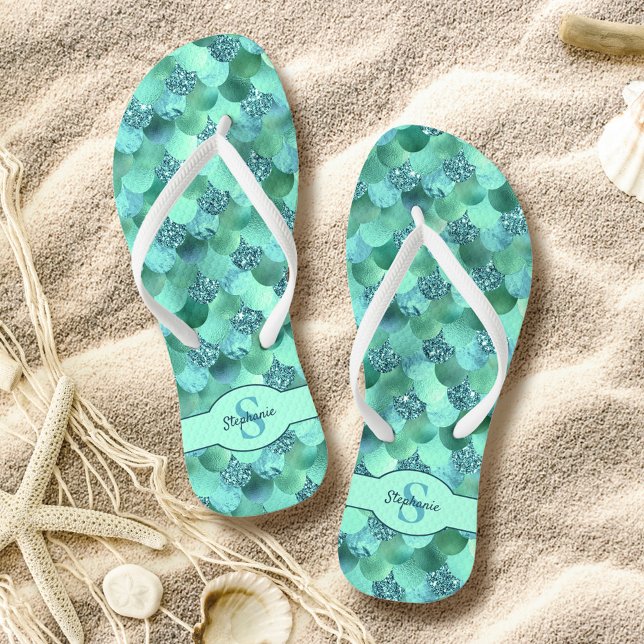 Monogram Mermaid Scales Sea Green Aqua  Flip Flops (Creator Uploaded)