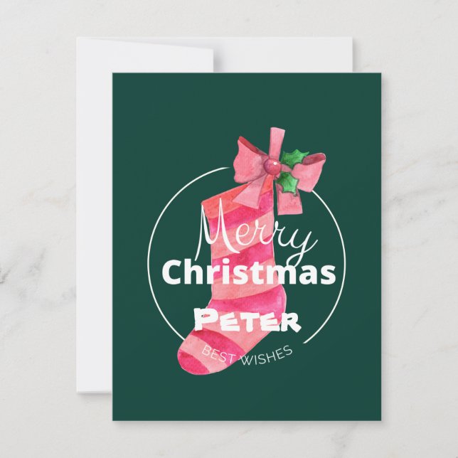 Monogram Merry Christmas Best wishes ribbon green  Note Card (Front)