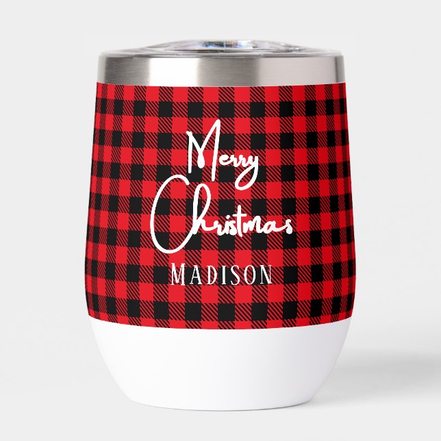 Monogram Merry Christmas buffalo plaid  Thermal Wine Tumbler (Front)