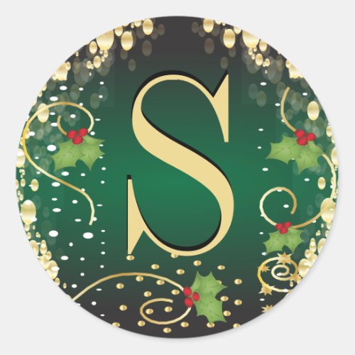 Monogram Merry Christmas _ Green Classic Round Sticker