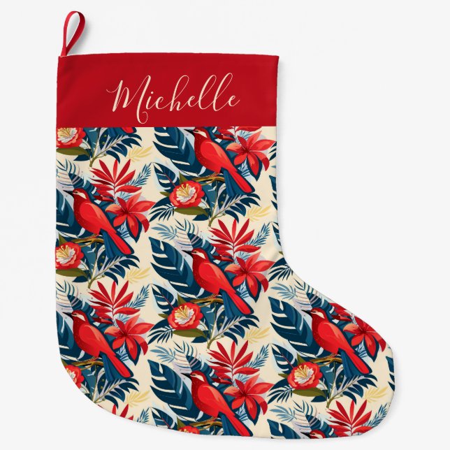 Monogram Merry Christmas Happy New Year! Red Bird Large Christmas Stocking (Front)
