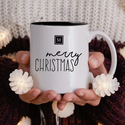 Monogram Merry Christmas Modern Typography Two_Tone Coffee Mug