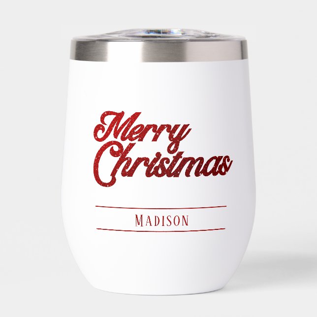 Monogram Merry Christmas red script  Thermal Wine Tumbler (Front)