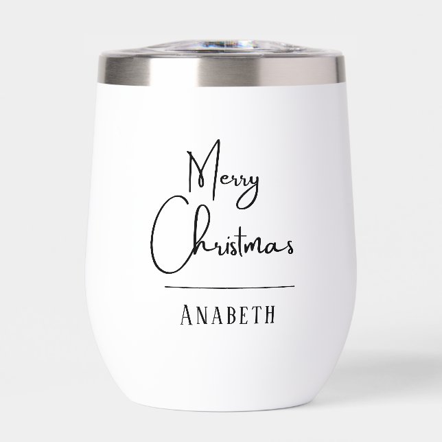 Monogram Merry Christmas simple script  Thermal Wine Tumbler (Front)