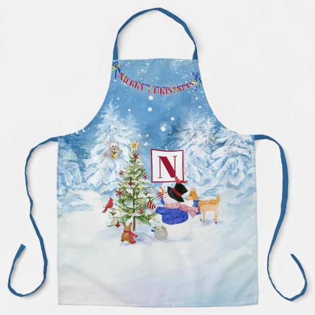 Monogram Merry Christmas Snowman Cardinal Deer Owl Apron (Front)