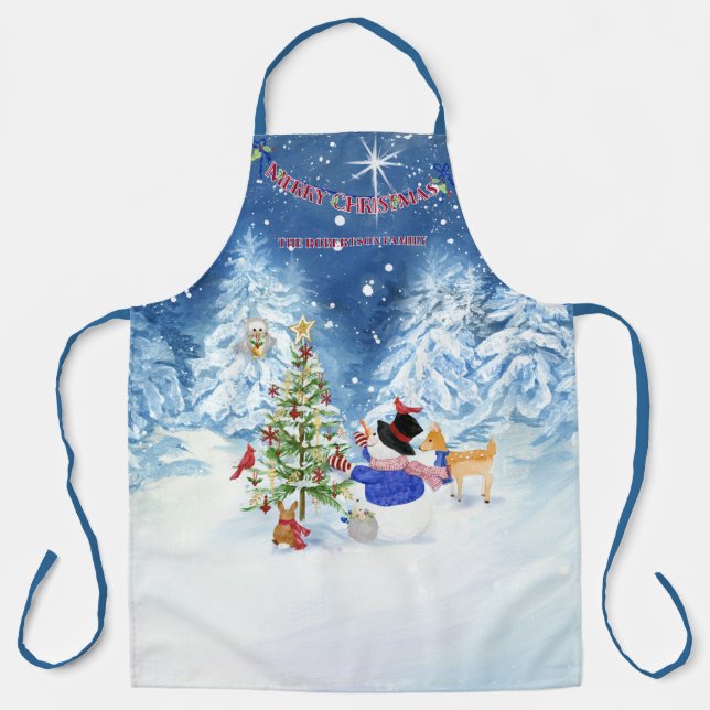 Monogram Merry Christmas Snowman Star Snowy Night Apron (Front)