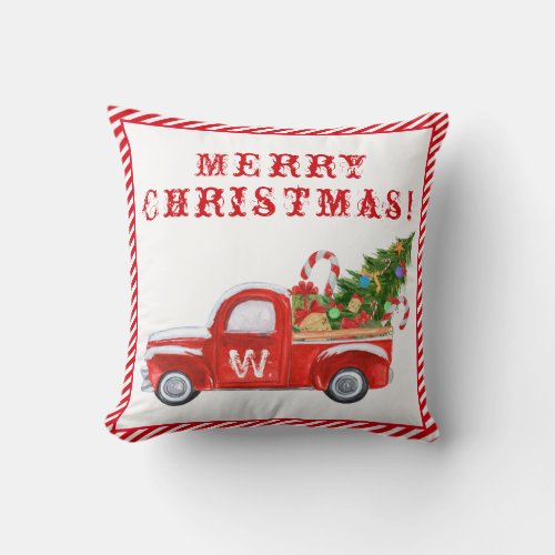 Monogram Merry Christmas Tree Red Vintage Truck Throw Pillow