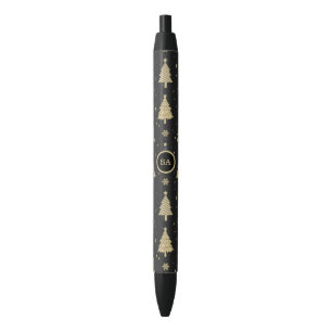 Monogram Merry Christmas Tree Snow Gold Star Pen