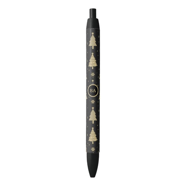 Monogram Merry Christmas Tree Snow Gold Star Pen (Front Vertical)