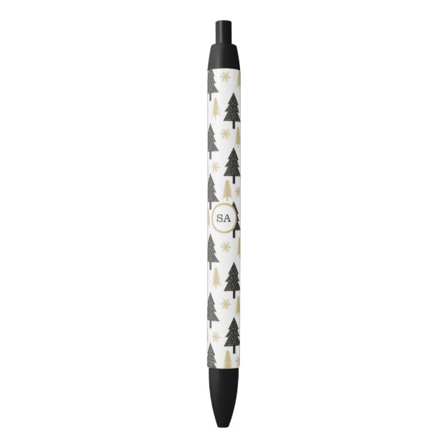 Monogram Merry Christmas Tree Snowflake Gold White Pen (Front Vertical)