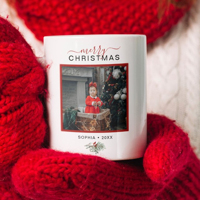 Monogram Merry Christmas Watercolor Holly Photo Coffee Mug (Modern typography Merry Christmas customizable photo mug with a little watercolor holly branch.)