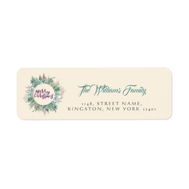Monogram Merry Christmas Wreath Name RSVP Ivory Label (Front)