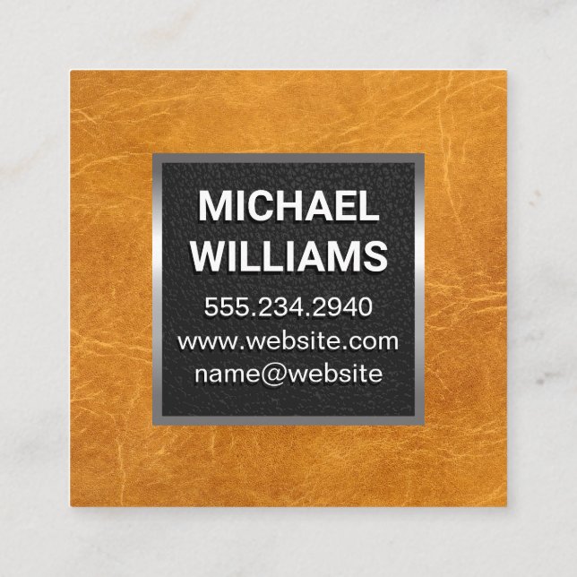 Monogram Metal Trim | Brown Leather Square Business Card (Back)