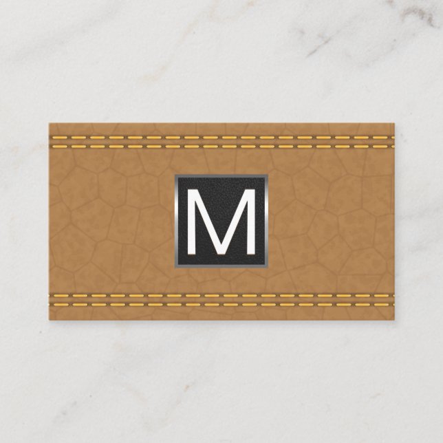 Monogram Metal Trim | Double Stitched Tan Leather Business Card (Front)