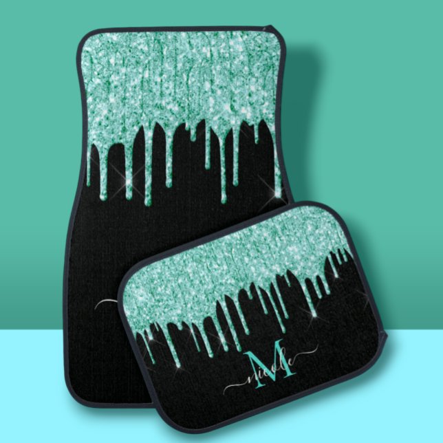 Monogram Metallic Aqua Blue Dripping Glitter Black Car Floor Mat (Creator Uploaded)