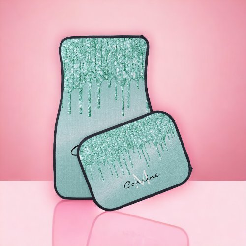 Monogram Metallic Aqua Blue Dripping Glitter Car Floor Mat