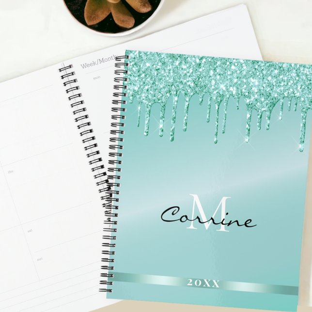 Monogram Metallic Aqua Blue Dripping Glitter Daily Planner (Creator Uploaded)