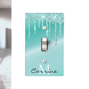 Monogram Metallic Aqua Blue Dripping Teal Glitter Light Switch Cover