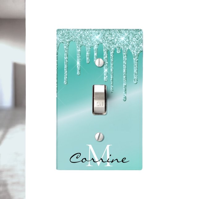 Monogram Metallic Aqua Blue Dripping Teal Glitter Light Switch Cover (Creator Uploaded)