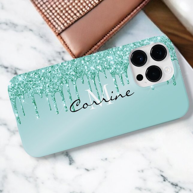 Monogram Metallic Aqua Blue Glitter Drip Android + Case-Mate iPhone Case (Creator Uploaded)