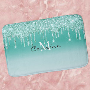 Monogram Metallic Aqua Blue Teal Glitter Dripping Bath Mat