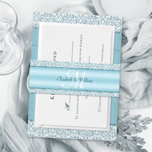 Monogram Metallic Blue Glitter Wedding Invitation Belly Band