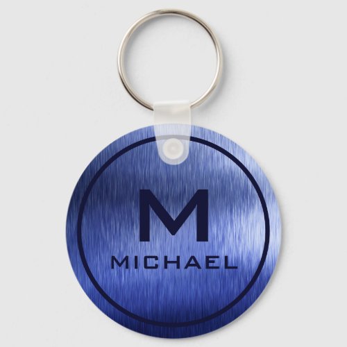 Monogram Metallic Blue Textured Personalized Name Keychain