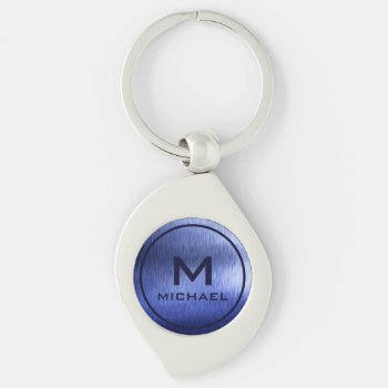 Monogram Metallic Blue Textured Personalized Name Keychain by EvcoStudio at Zazzle