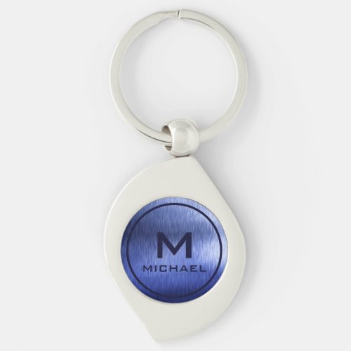 Monogram Metallic Blue Textured Personalized Name Keychain