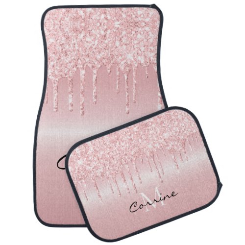 Monogram Metallic Blush Pink Dripping Faux Glitter Car Floor Mat