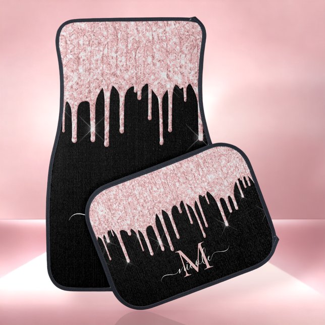 Monogram Metallic Blush Pink Glitter Drip on Black Car Floor Mat (Creator Uploaded)