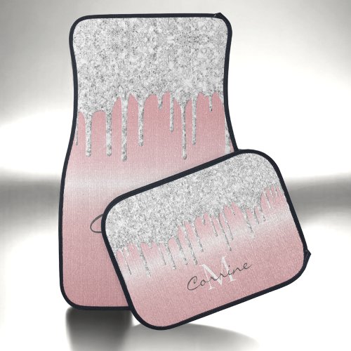Monogram Metallic Blush Pink  Silver Glitter Drip Car Floor Mat