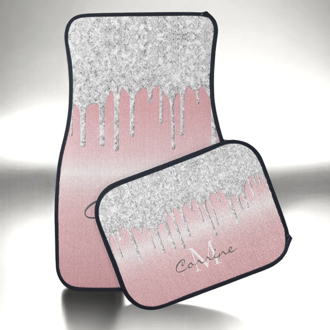 Monogram Metallic Blush Pink & Silver Glitter Drip Car Floor Mat (Creator Uploaded)