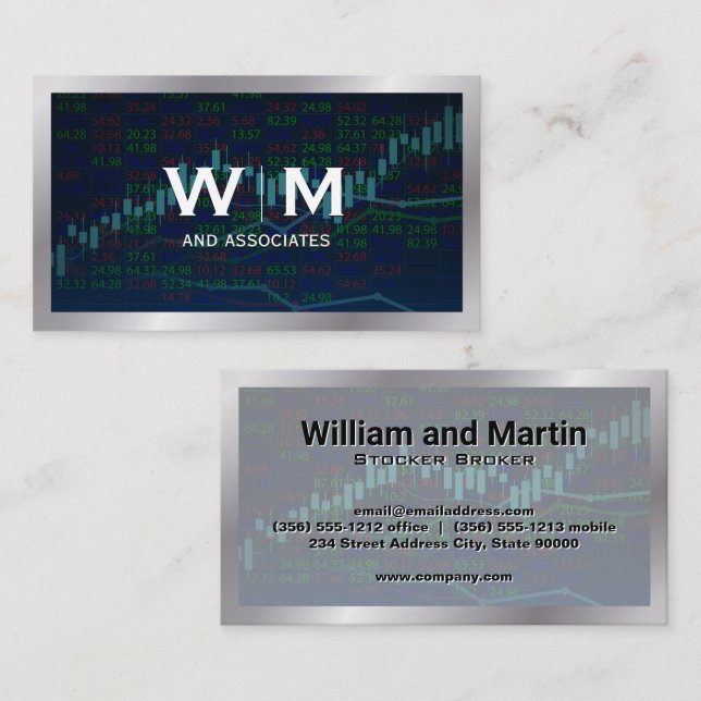 Monogram | Metallic Border | Financial Chart Business Card (Front/Back)