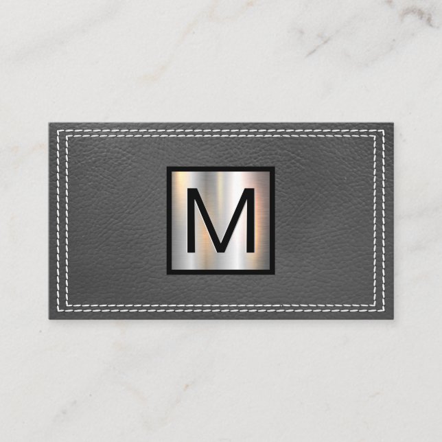 Monogram Metallic | Double Stitched Gray Leather Business Card (Front)