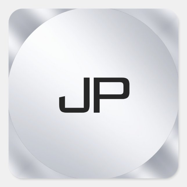 Monogram Metallic Faux Silver Template Modern Square Sticker (Front)