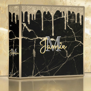 Monogram Metallic Glitter Drips: Gold Black Marble 3 Ring Binder